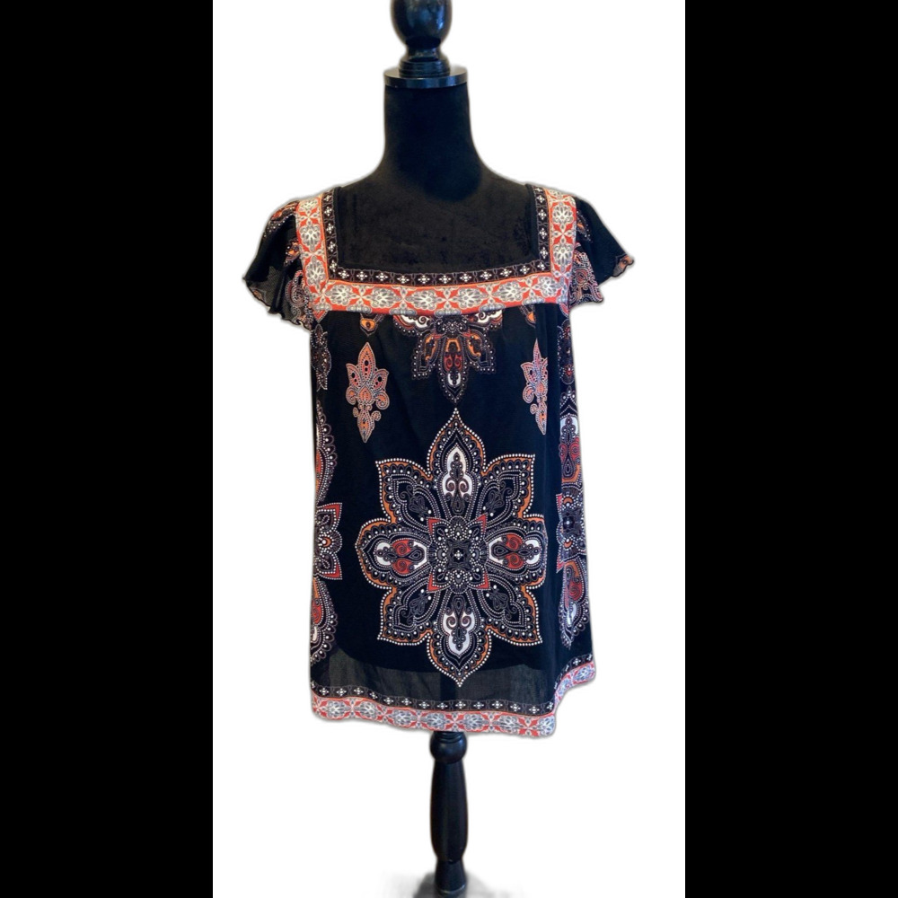 Axcess Blouse Plus Size XL Square Neck Flutter Sleeve Black Orange Boho hippie